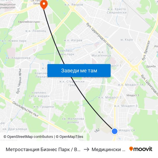 Метростанция Бизнес Парк / Business Park Metro Station (2490) to Медицински Център Лозенец map