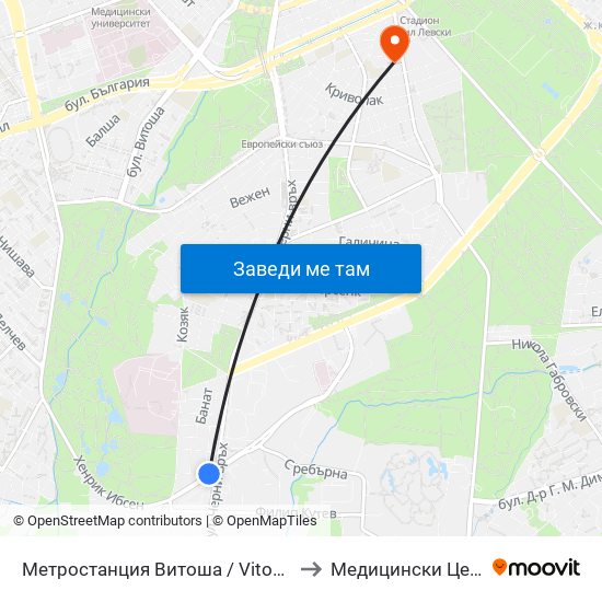 Метростанция Витоша / Vitosha Metro Station (2755) to Медицински Център Лозенец map