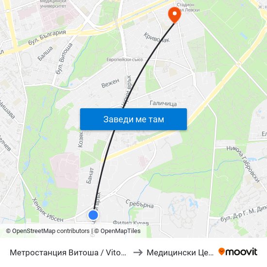 Метростанция Витоша / Vitosha Metro Station (2756) to Медицински Център Лозенец map
