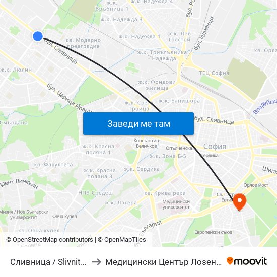 Сливница / Slivnitsa to Медицински Център Лозенец map