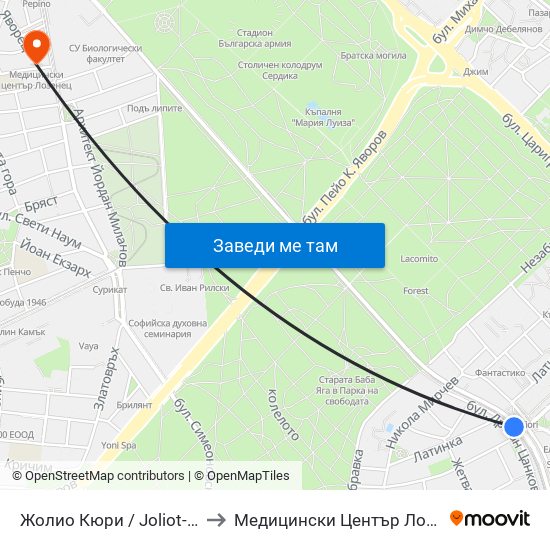 Жолио Кюри / Joliot-Curie to Медицински Център Лозенец map