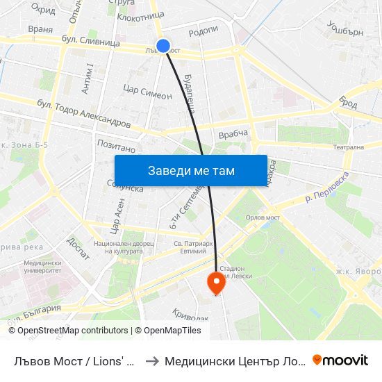 Лъвов Мост / Lions' Bridge to Медицински Център Лозенец map