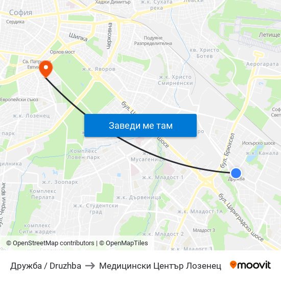 Дружба / Druzhba to Медицински Център Лозенец map