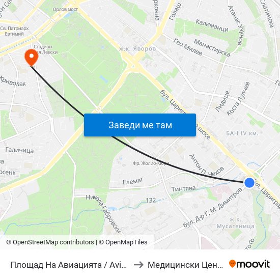 Площад На Авиацията / Aviation Square (1257) to Медицински Център Лозенец map