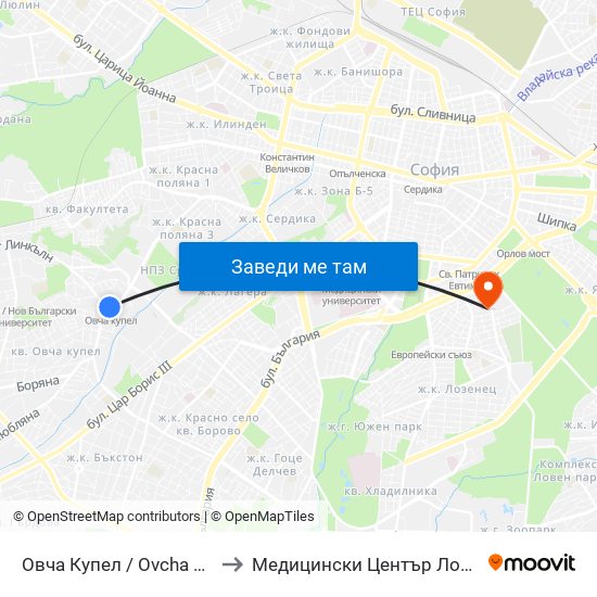 Овча Купел / Ovcha Kupel to Медицински Център Лозенец map