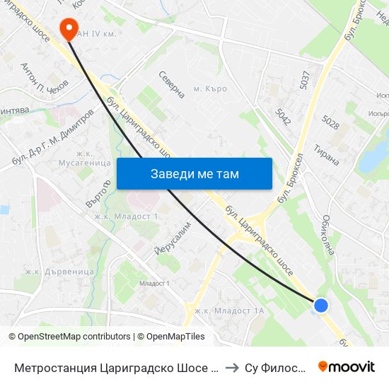 Метростанция Цариградско Шосе / Tsarigradsko Shosse Metro Station (1016) to Су Философски Факултет map