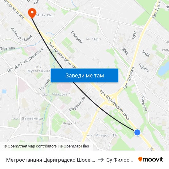 Метростанция Цариградско Шосе / Tsarigradsko Shosse Metro Station (1017) to Су Философски Факултет map