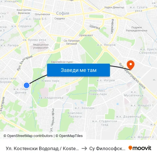 Ул. Костенски Водопад / Kostenski Vodopad (2011) to Су Философски Факултет map