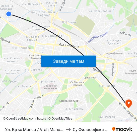 Ул. Връх Манчо / Vrah Mancho St. (1199) to Су Философски Факултет map