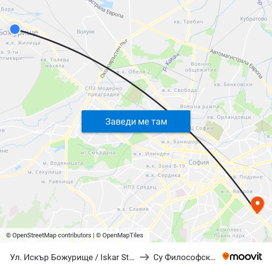 Ул. Искър Божурище / Iskar St. Bozhurishte(2602) to Су Философски Факултет map
