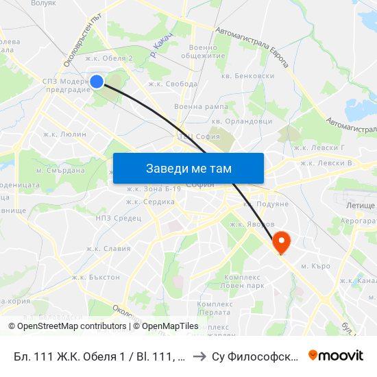 Бл. 111 Ж.К. Обеля 1 / Bl. 111, Obelya 1 Qr. (0133) to Су Философски Факултет map