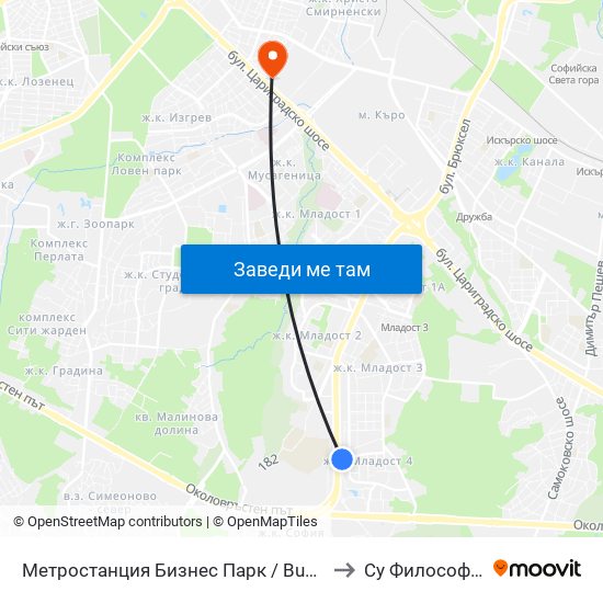 Метростанция Бизнес Парк / Business Park Metro Station (2374) to Су Философски Факултет map