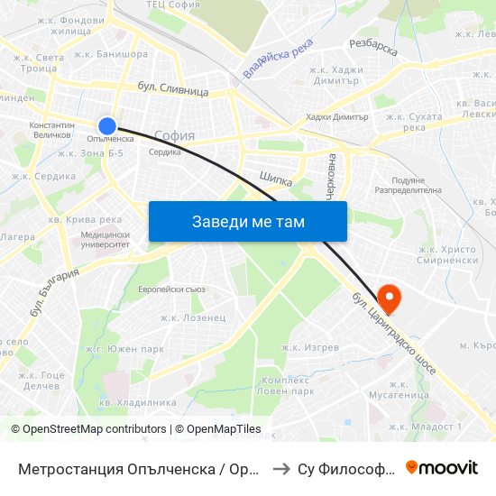 Метростанция Опълченска / Opalchenska Metro Station (6407) to Су Философски Факултет map