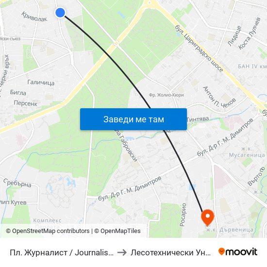 Пл. Журналист / Journalist Sq. (1274) to Лесотехнически Университет map