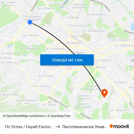 Пп Успех / Uspeh Factory (1751) to Лесотехнически Университет map
