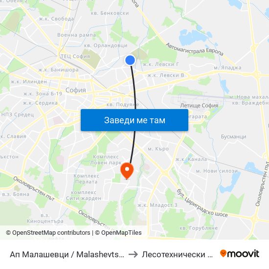 Ап Малашевци / Malashevtsi Bus Depot (0081) to Лесотехнически Университет map