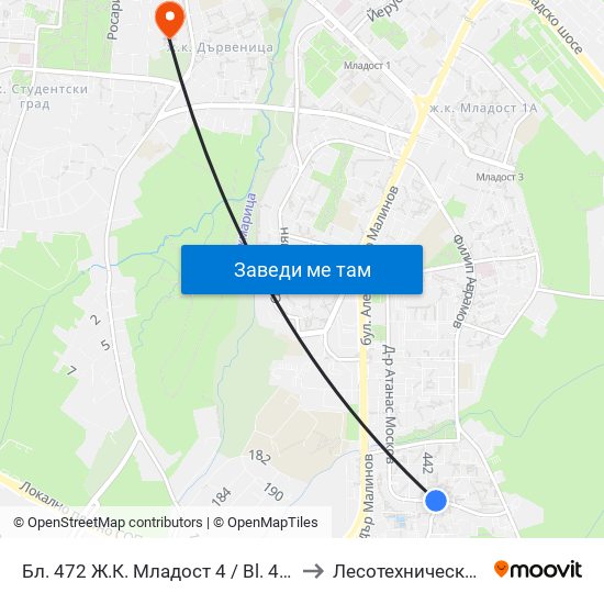 Бл. 472 Ж.К. Младост 4 / Bl. 472, Mladost 4 Qr. (2392) to Лесотехнически Университет map