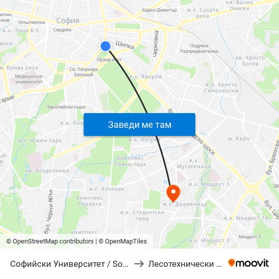 Софийски Университет / Sofia University (1700) to Лесотехнически Университет map