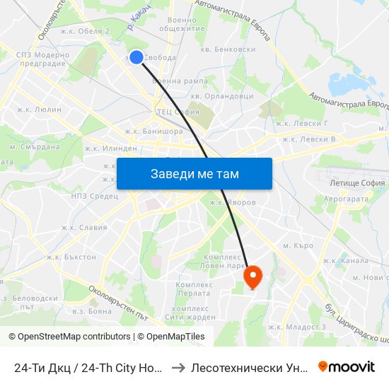 24-Ти Дкц / 24-Th City Hospital (0019) to Лесотехнически Университет map