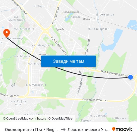 Околовръстен Път / Ring Road (1183) to Лесотехнически Университет map
