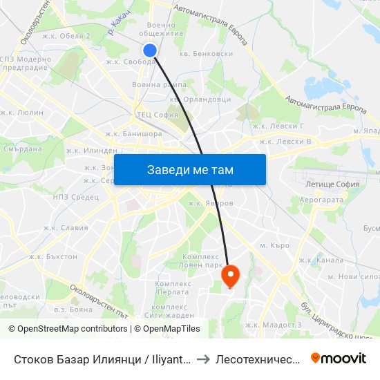 Стоков Базар Илиянци / Iliyantsi Commodity Market (0755) to Лесотехнически Университет map