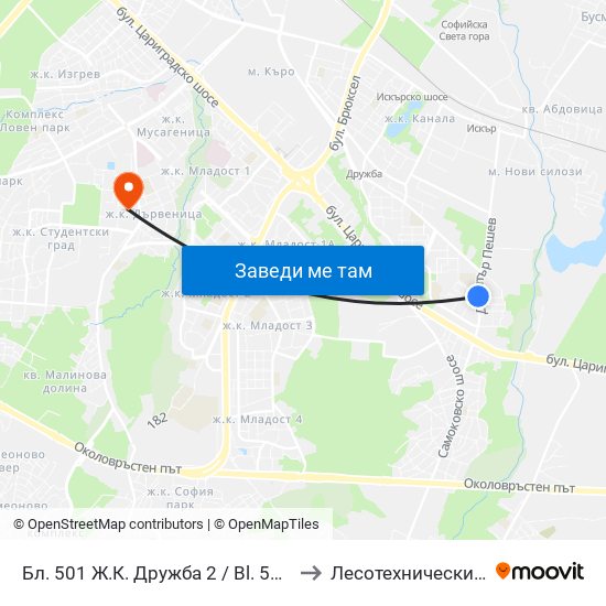 Бл. 501 Ж.К. Дружба 2 / Bl. 501, Druzhba 2 Qr. (0225) to Лесотехнически Университет map