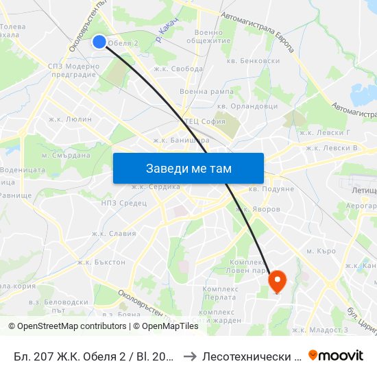 Бл. 207 Ж.К. Обеля 2 / Bl. 207, Obelya 2 Qr. (0162) to Лесотехнически Университет map