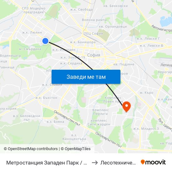 Метростанция Западен Парк / Zapaden Park Metro Station (1049) to Лесотехнически Университет map