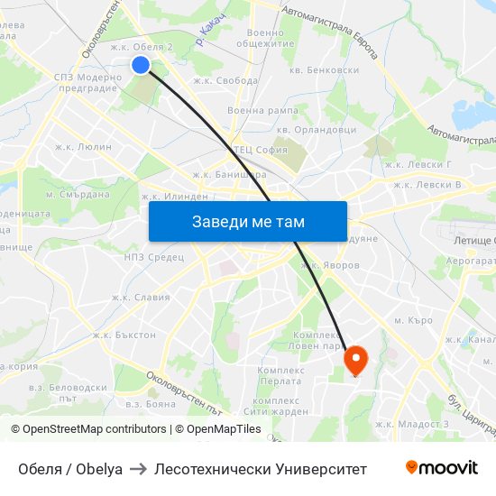 Обеля / Obelya to Лесотехнически Университет map