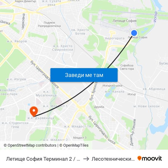 Летище София Терминал 2 / Sofia Airport Terminal 2 to Лесотехнически Университет map