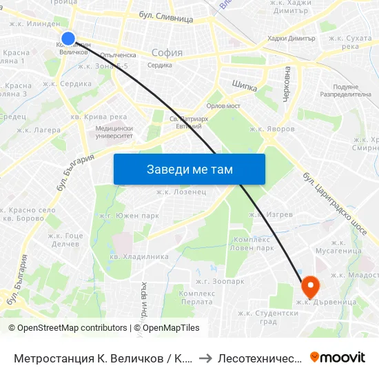 Ⓜ️ Метростанция К. Величков / K. Velichkov Metro Station (1051) to Лесотехнически Университет map