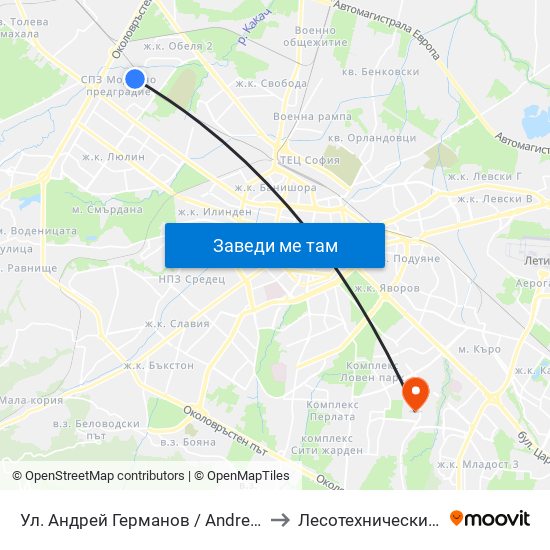 Ул. Андрей Германов / Andrey Germanov St. (2566) to Лесотехнически Университет map