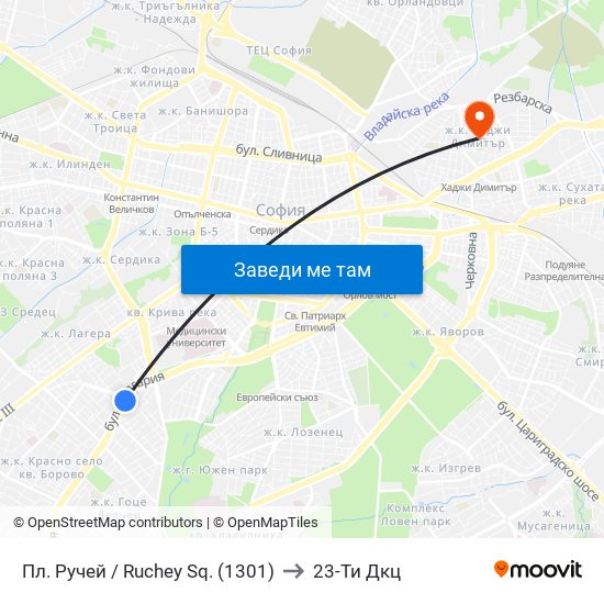 Пл. Ручей / Ruchey Sq. (1301) to 23-Ти Дкц map