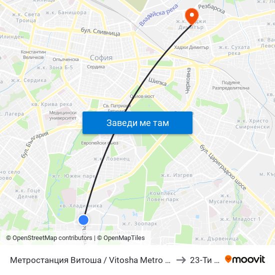 Метростанция Витоша / Vitosha Metro Station (2756) to 23-Ти Дкц map