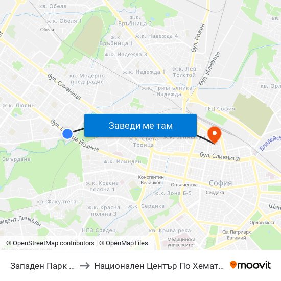 Западен Парк / Zapaden Park to Национален Център По Хематология И Трансфузиология map