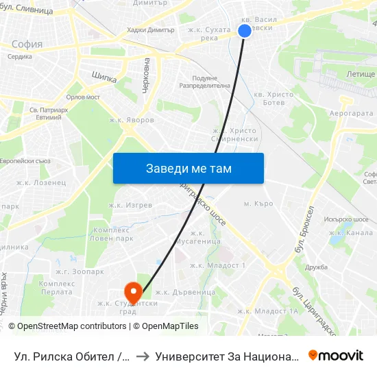 Ул. Рилска Обител / Rilska Obitel St. (2159) to Университет За Национално И Световно Стопанство map