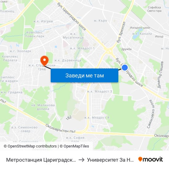 Метростанция Цариградско Шосе / Tsarigradsko Shosse Metro Station (1016) to Университет За Национално И Световно Стопанство map