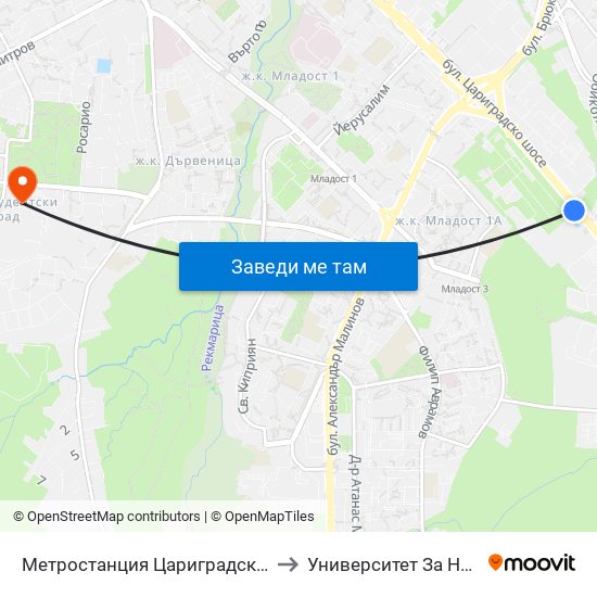 Метростанция Цариградско Шосе / Tsarigradsko Shosse Metro Station (1017) to Университет За Национално И Световно Стопанство map