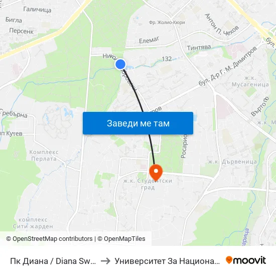 Пк Диана / Diana Swimming Complex (1343) to Университет За Национално И Световно Стопанство map
