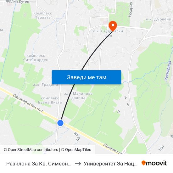 Разклона За Кв. Симеоново / Fork Road To Simeonovo Qr. (1459) to Университет За Национално И Световно Стопанство map