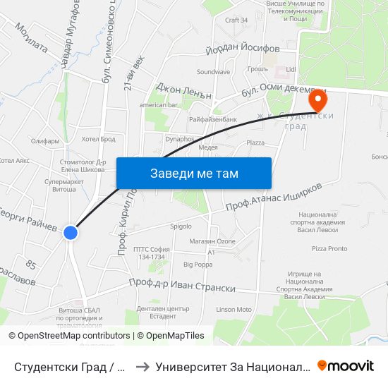 Студентски Град / Students' Town (2381) to Университет За Национално И Световно Стопанство map