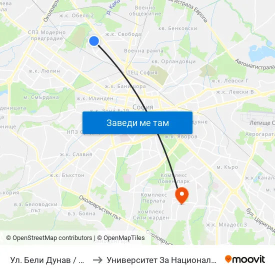 Ул. Бели Дунав / Beli Dunav St. (1838) to Университет За Национално И Световно Стопанство map