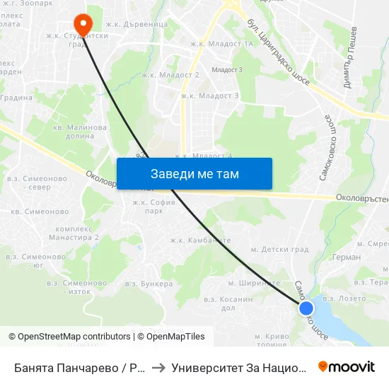 👋 Банята Панчарево / Pancharevo Public Bath (0101) to Университет За Национално И Световно Стопанство map