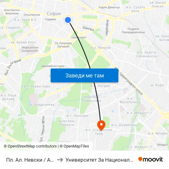 Пл. Ал. Невски / Al. Nevsky Sq. (1265) to Университет За Национално И Световно Стопанство map