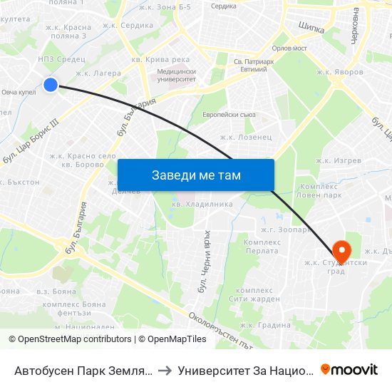 Автобусен Парк Земляне / Zemlyane Bus Depot (0080) to Университет За Национално И Световно Стопанство map