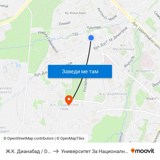 Ж.К. Дианабад / Dianabad Qr. (0627) to Университет За Национално И Световно Стопанство map