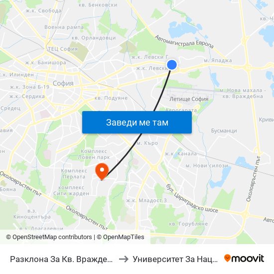 Разклона За Кв. Враждебна / Fork Road To Vrazhdebna Qr. (1579) to Университет За Национално И Световно Стопанство map