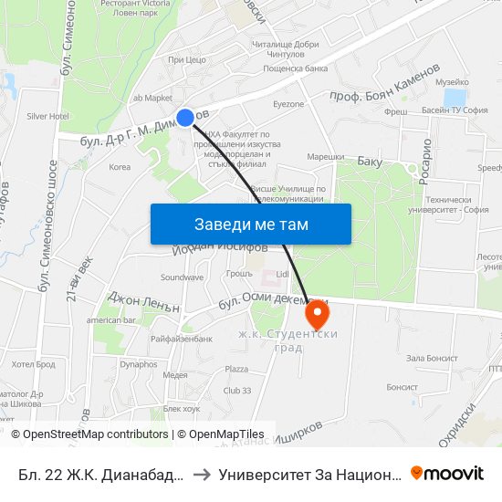 Бл. 22 Ж.К. Дианабад / Bl. 22, Dianabad Qr. (0124) to Университет За Национално И Световно Стопанство map