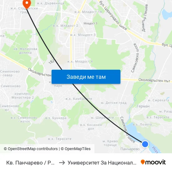Кв. Панчарево / Pancharevo Qr. (1244) to Университет За Национално И Световно Стопанство map