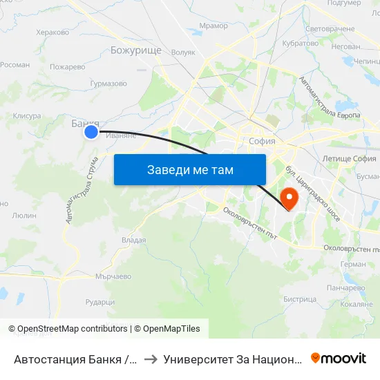 🚌 Автостанция Банкя / Bankya Bus Station (0050) to Университет За Национално И Световно Стопанство map